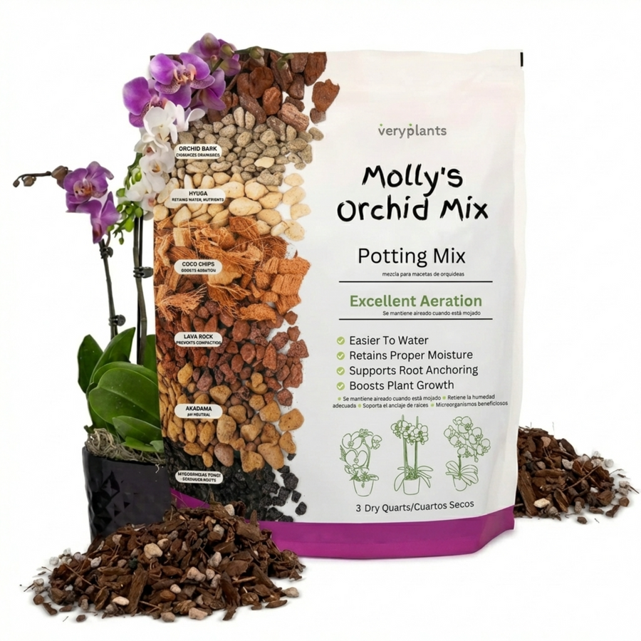 Molly's Orchid Mix 3 dry quart bag showing ingredient layers beside purple orchids and a pile of bark mix