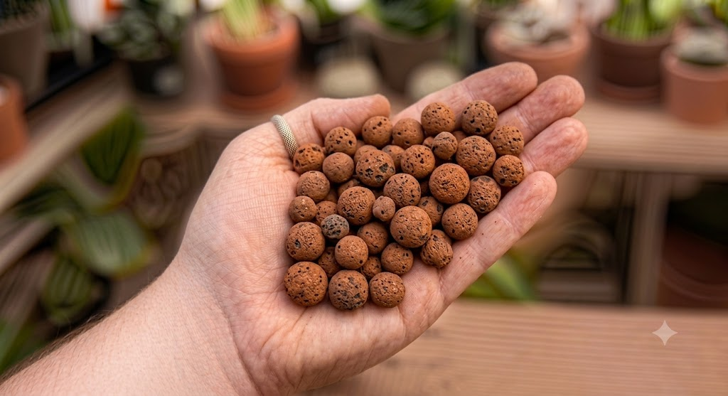 LECA, lightweight expanded clay pebbles used in semi-hydroponic growing